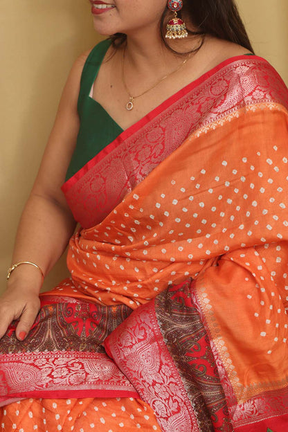 Elegant Orange Banarasi Bandhani Pure Chiniya Silk Saree - Luxurion World