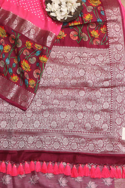 Exquisite Pink Banarasi Bandhani Pure Chiniya Silk Pichwai Design Saree - Luxurion World