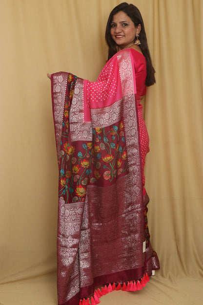 Exquisite Pink Banarasi Bandhani Pure Chiniya Silk Pichwai Design Saree - Luxurion World