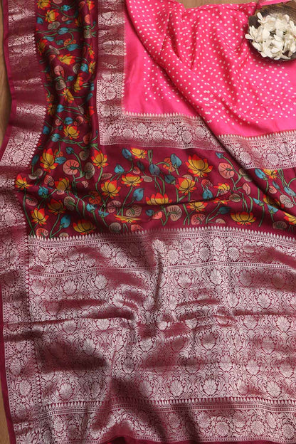Exquisite Pink Banarasi Bandhani Pure Chiniya Silk Pichwai Design Saree - Luxurion World