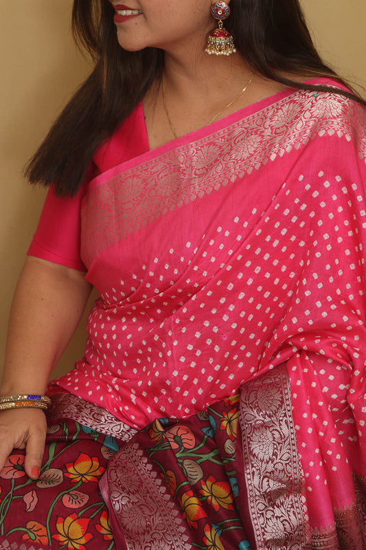 Exquisite Pink Banarasi Bandhani Pure Chiniya Silk Pichwai Design Saree - Luxurion World