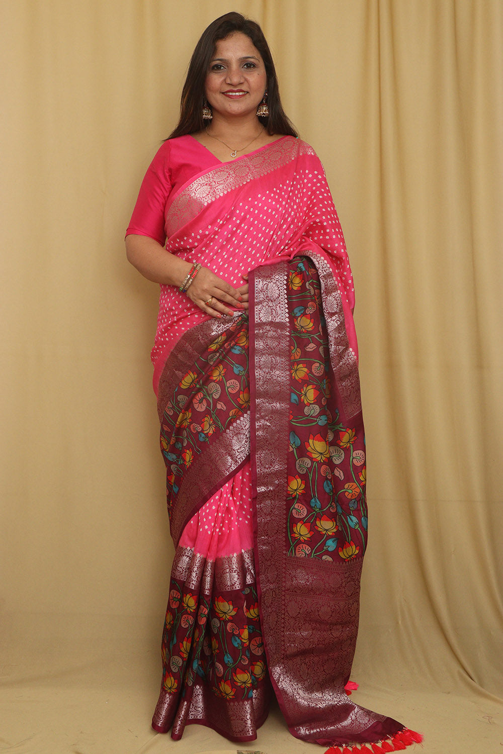 Exquisite Pink Banarasi Bandhani Pure Chiniya Silk Pichwai Design Saree - Luxurion World