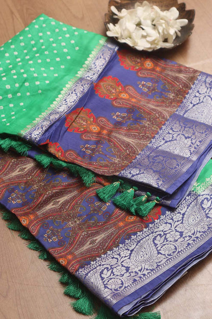 Green Banarasi Bandhani Pure Chiniya Silk Saree - Luxurion World