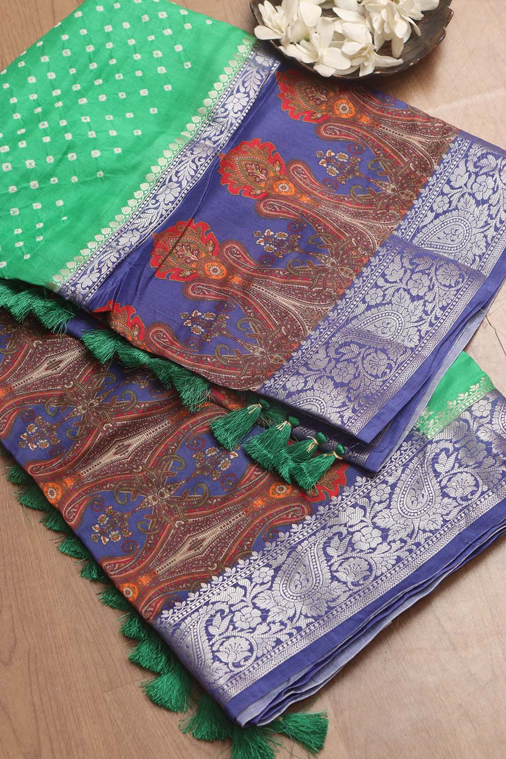 Green Banarasi Bandhani Pure Chiniya Silk Saree - Luxurion World