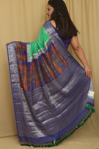 Green Banarasi Bandhani Pure Chiniya Silk Saree - Luxurion World