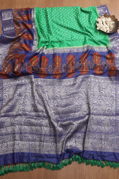 Green Banarasi Bandhani Pure Chiniya Silk Saree - Luxurion World