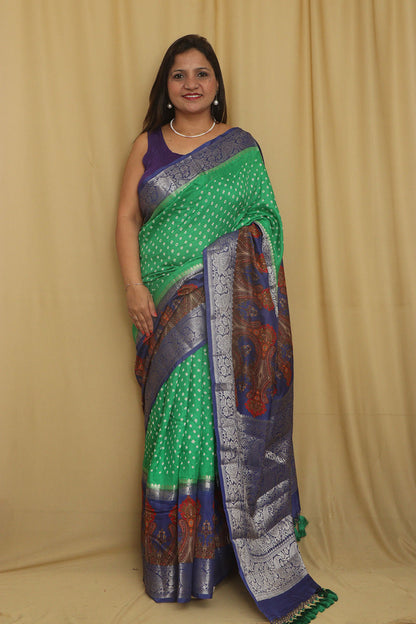 Green Banarasi Bandhani Pure Chiniya Silk Saree - Luxurion World
