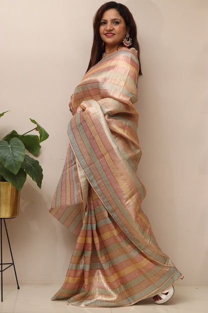 Multicolor Handloom Banarasi Tissue Crush Saree - Luxurion World