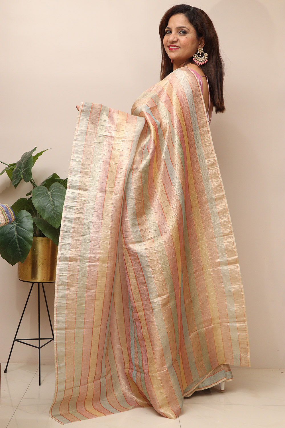 Multicolor Handloom Banarasi Tissue Crush Saree - Luxurion World