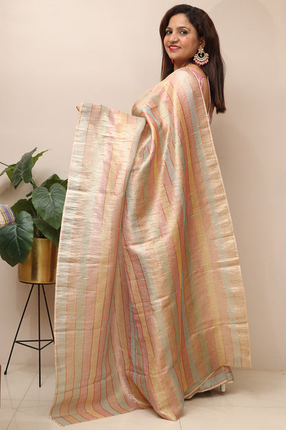Multicolor Handloom Banarasi Tissue Crush Saree - Luxurion World