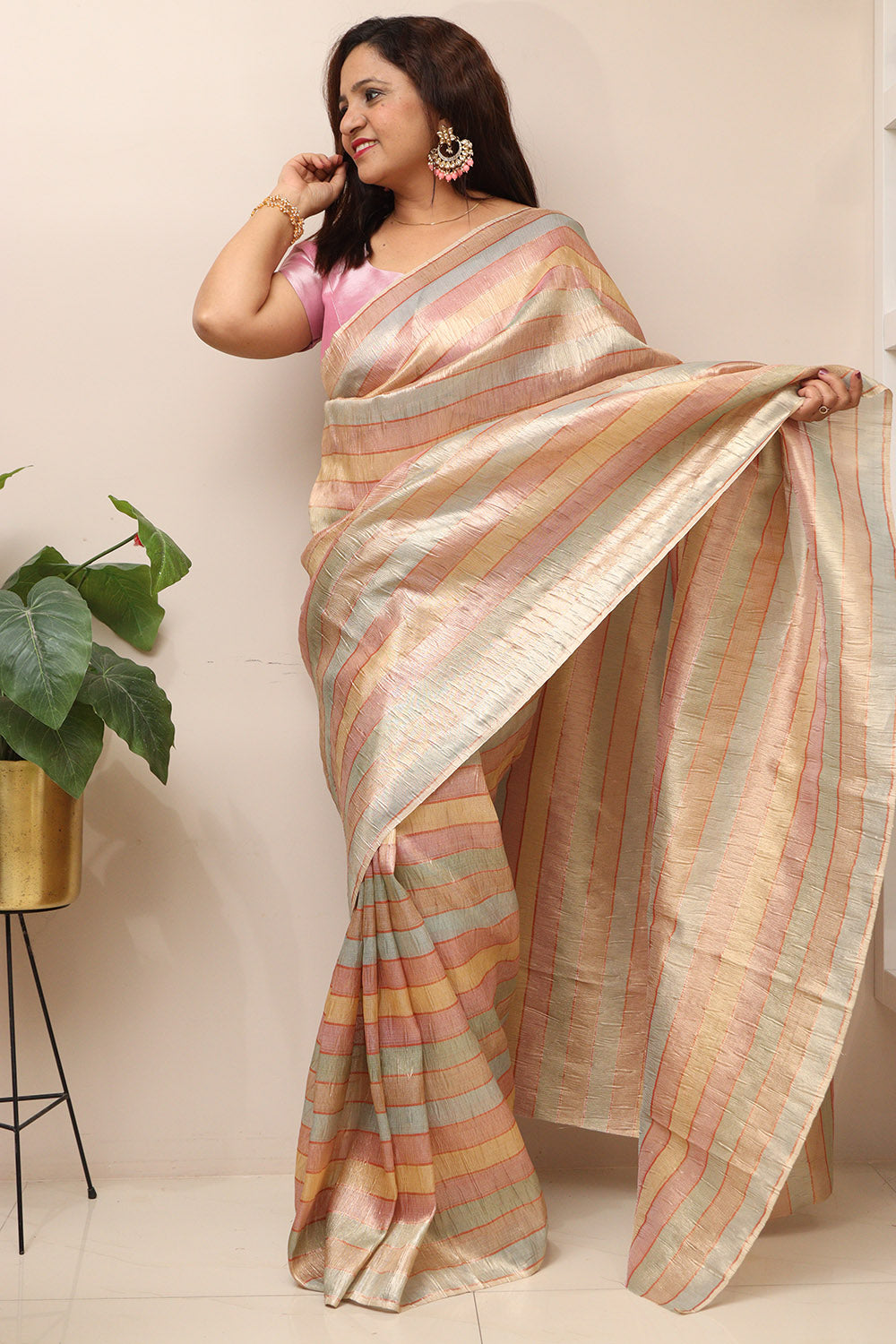 Multicolor Handloom Banarasi Tissue Crush Saree - Luxurion World