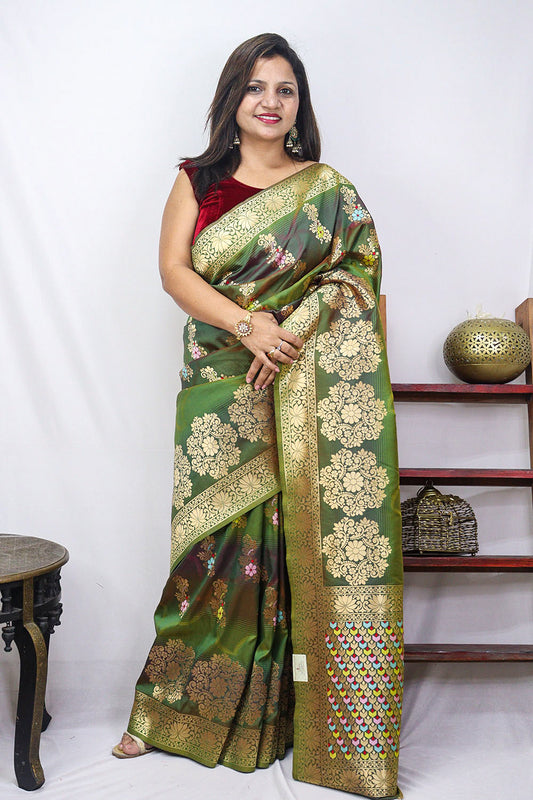 Green Banarasi Silk Floral Design Meenakari Saree - Luxurion World