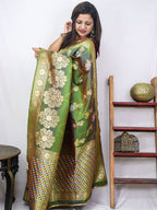 Green Banarasi Silk Floral Design Meenakari Saree - Luxurion World