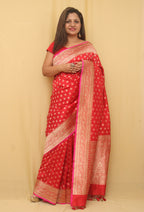 Red Handloom Banarasi Pure Katan Silk Booti Design Saree - Luxurion World