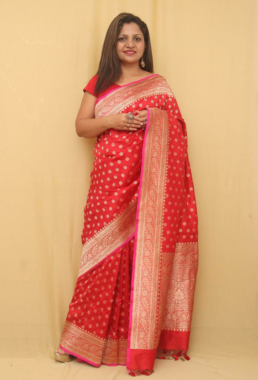 Red Handloom Banarasi Pure Katan Silk Booti Design Saree - Luxurion World