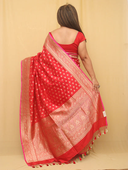 Red Handloom Banarasi Pure Katan Silk Booti Design Saree - Luxurion World
