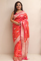Pink Handloom Banarasi Pure Katan Silk Animal Design Saree - Luxurion World
