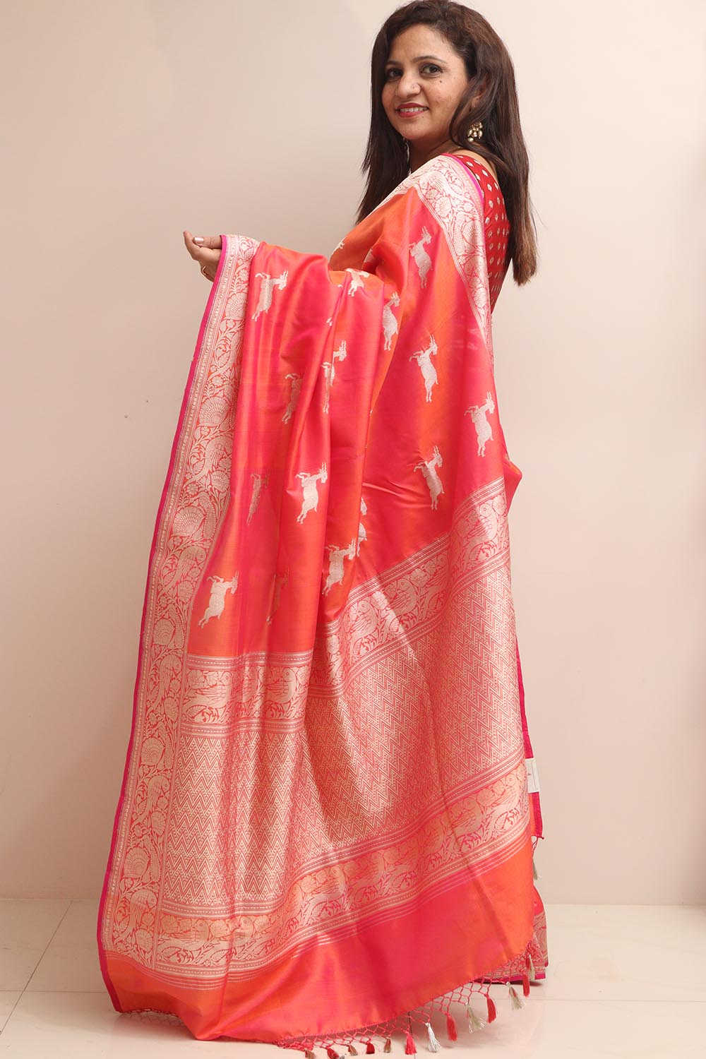 Pink Handloom Banarasi Pure Katan Silk Animal Design Saree - Luxurion World