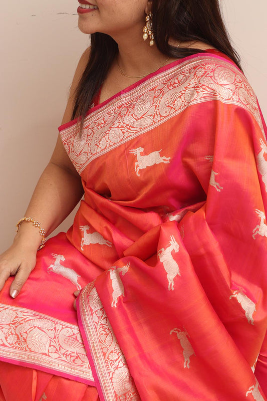 Pink Handloom Banarasi Pure Katan Silk Animal Design Saree - Luxurion World