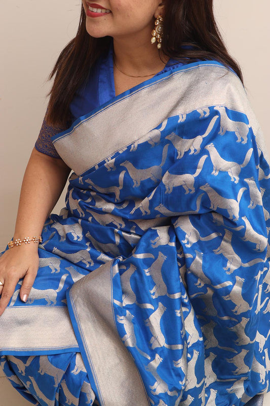 Exquisite Blue Handloom Banarasi Pure Katan Silk Animal Design Saree - Luxurion World