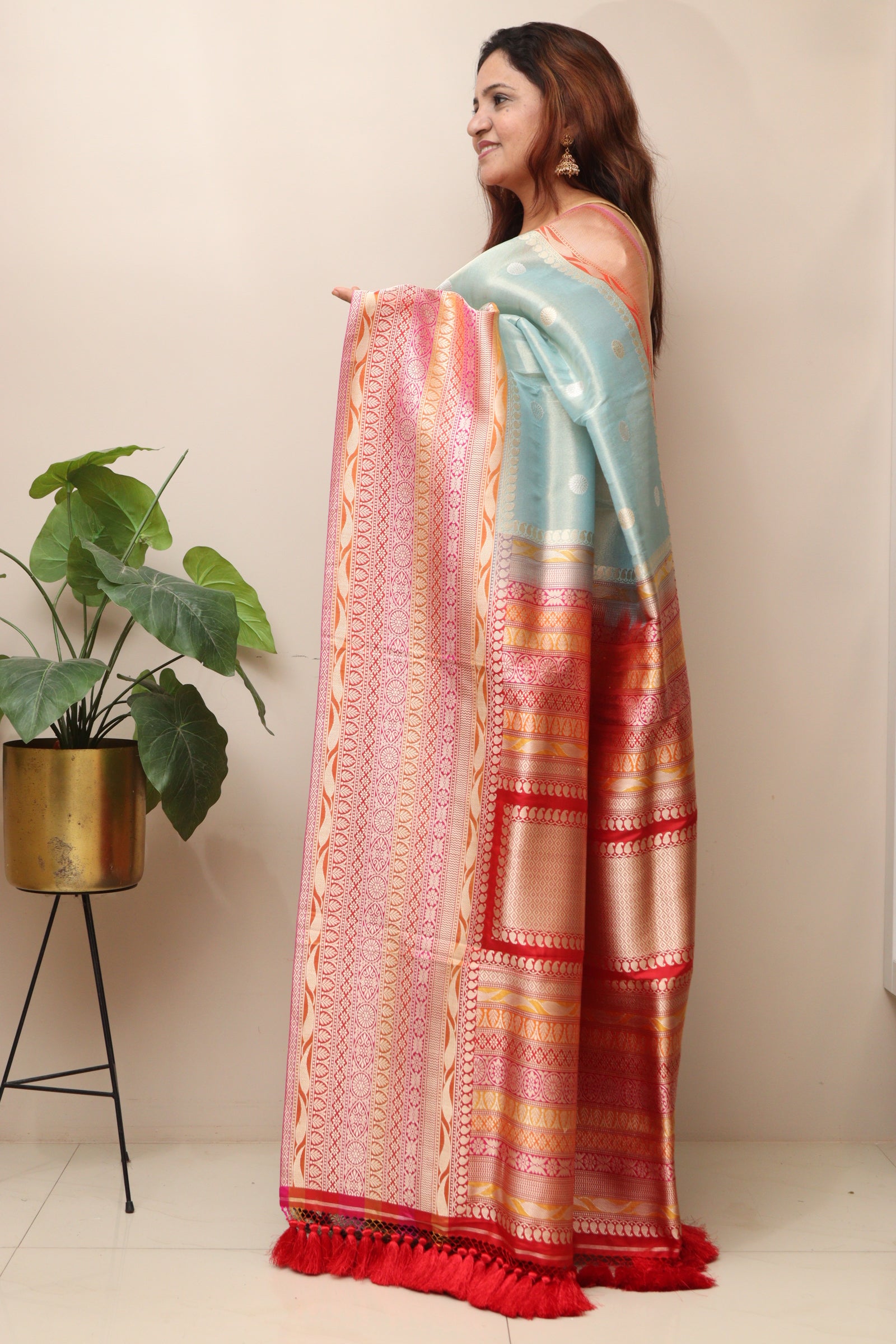 Blue Pure Tissue Silk Banarasi Handloom Skirt Border Saree - Luxurion World