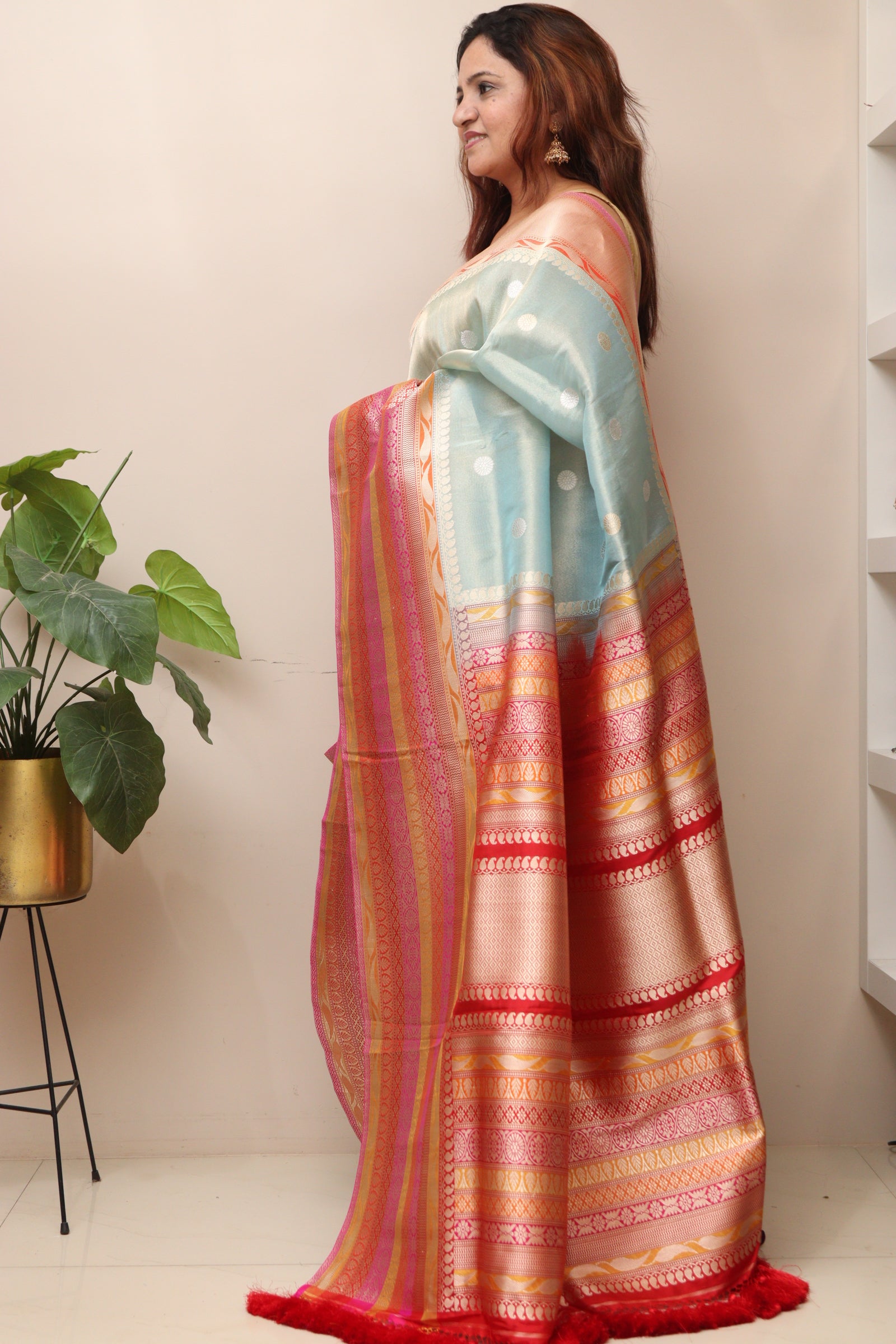 Blue Pure Tissue Silk Banarasi Handloom Skirt Border Saree - Luxurion World