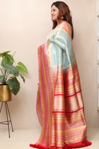 Blue Pure Tissue Silk Banarasi Handloom Skirt Border Saree - Luxurion World