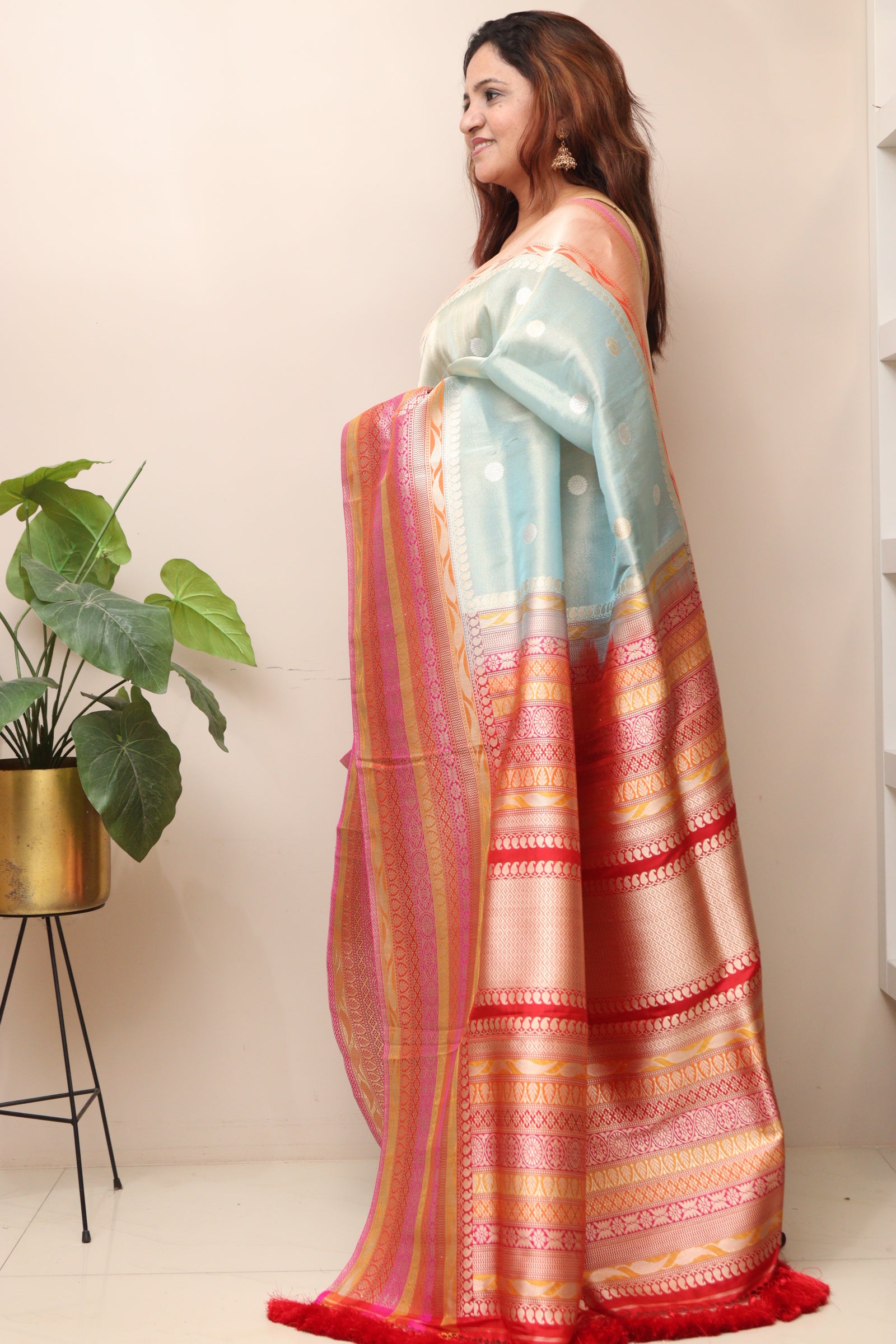 Blue Pure Tissue Silk Banarasi Handloom Skirt Border Saree - Luxurion World