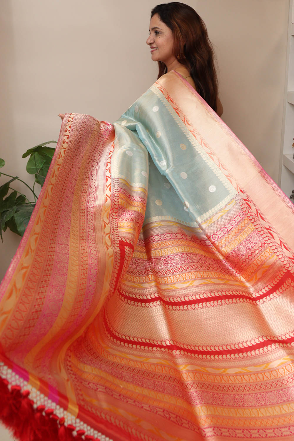 Blue Pure Tissue Silk Banarasi Handloom Skirt Border Saree - Luxurion World
