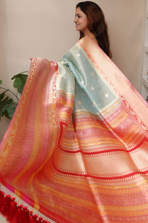 Blue Pure Tissue Silk Banarasi Handloom Skirt Border Saree - Luxurion World