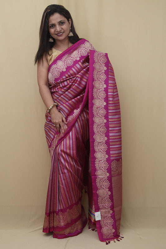 Stunning Pink Handloom Banarasi Katan Silk Saree with Sona Roopa Stripe Design - Luxurion World