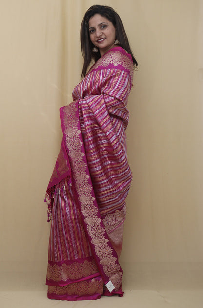 Stunning Pink Handloom Banarasi Katan Silk Saree with Sona Roopa Stripe Design - Luxurion World