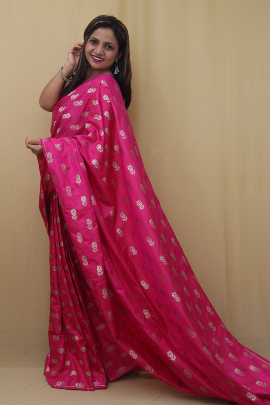 Shop Pink Banarasi Silk Saree - Luxurion World