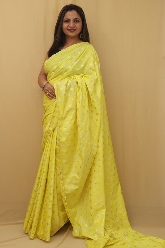 Yellow Banarasi Silk Saree with Zari Booti Design - Elegant and Traditional