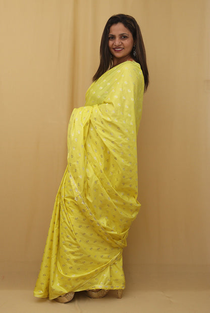 Yellow Banarasi Silk Saree with Zari Booti Design - Elegant and Traditional - Luxurion World