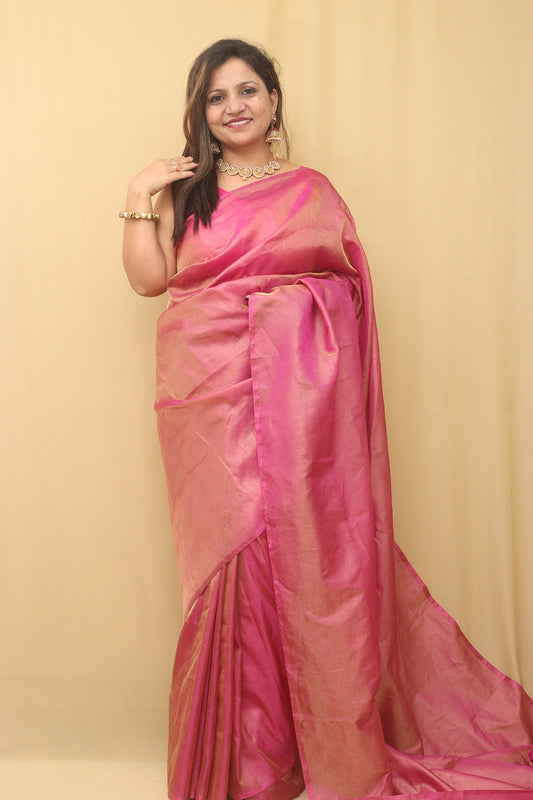 Pink Plain Tissue Katan Silk Saree - Luxurion World