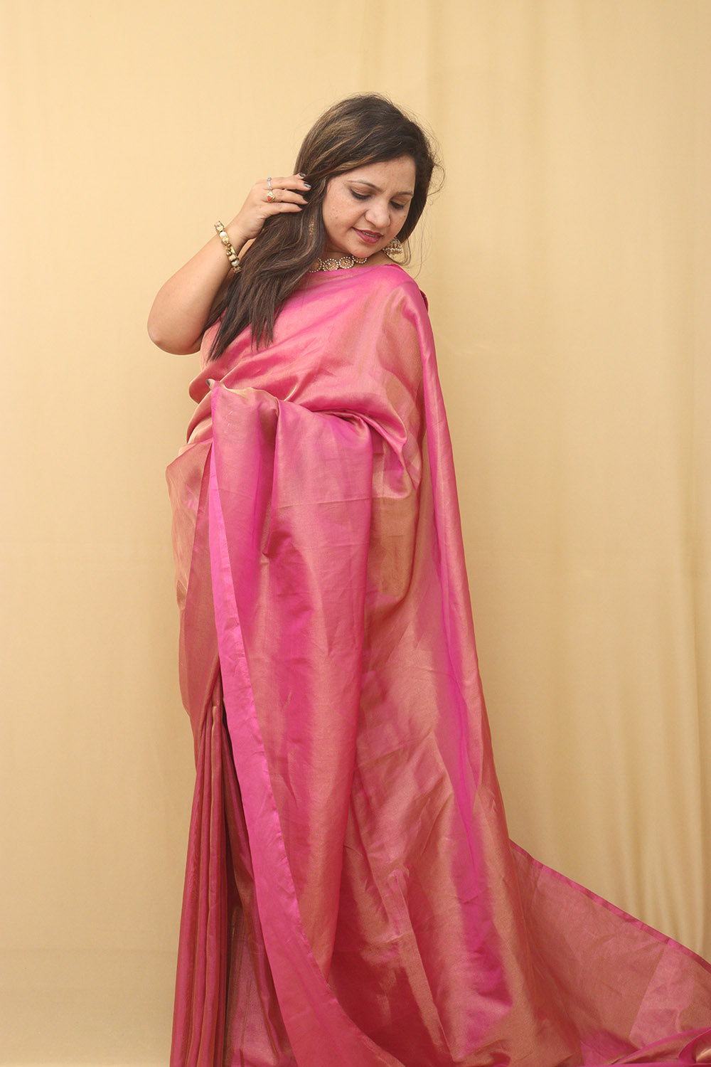 Pink Plain Tissue Katan Silk Saree - Luxurion World