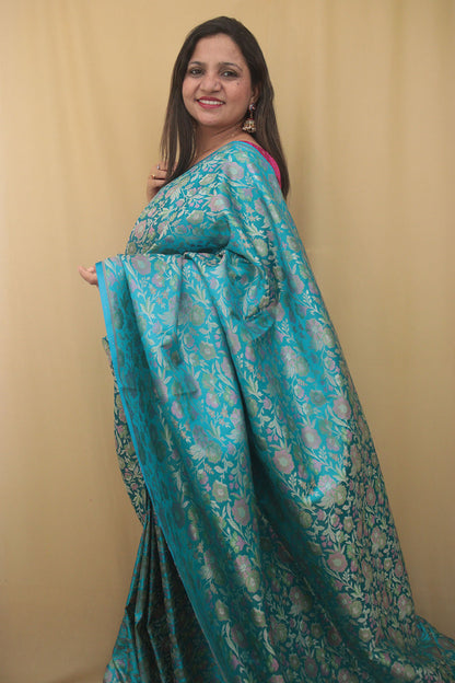 Elegant Blue Banarasi Silk Tanchui Jamawar Saree - Luxurion World