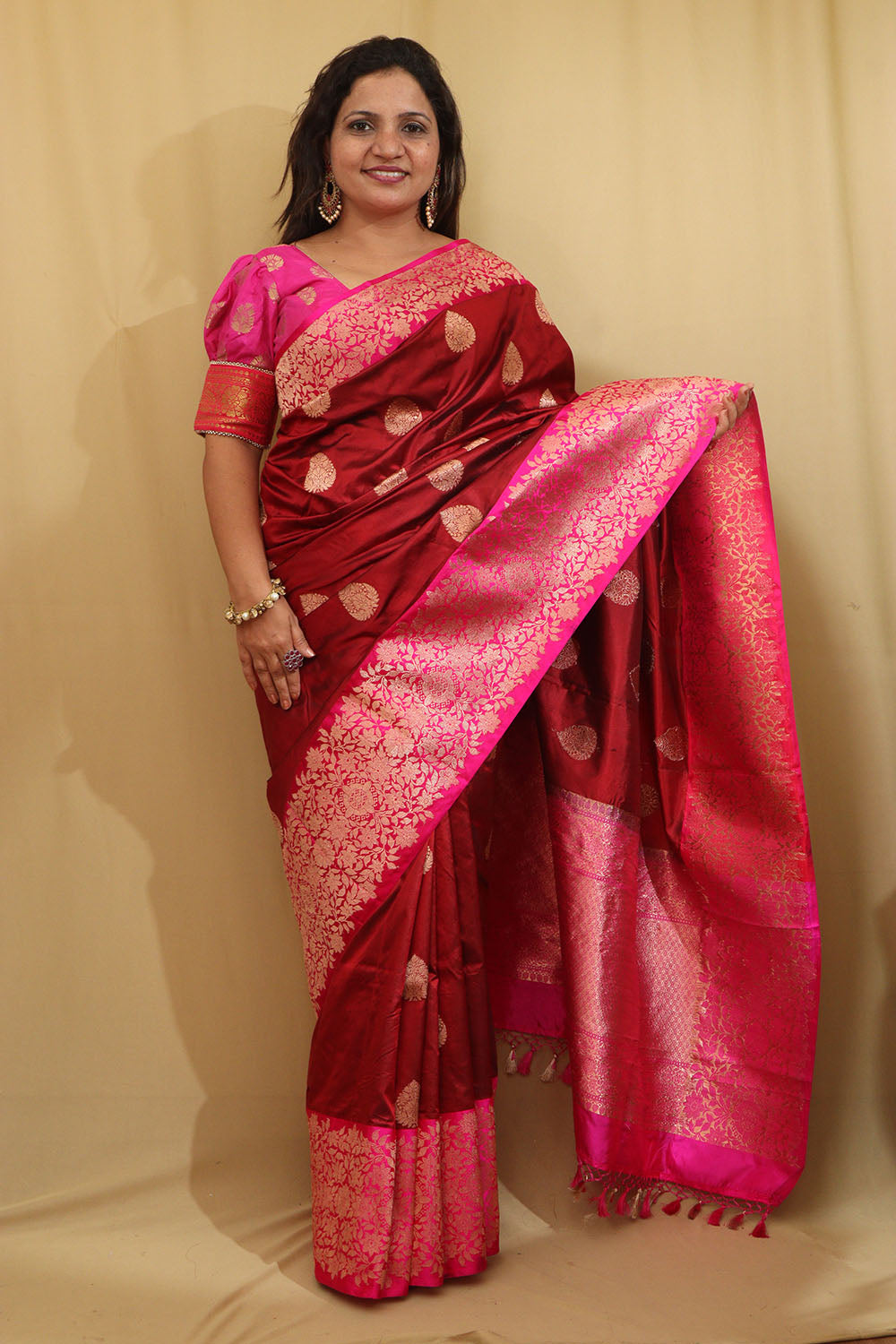 Elegant Maroon Banarasi Handloom Pure Katan Silk Saree - Luxurion World