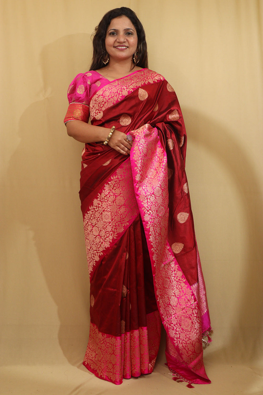 Elegant Maroon Banarasi Handloom Pure Katan Silk Saree - Luxurion World
