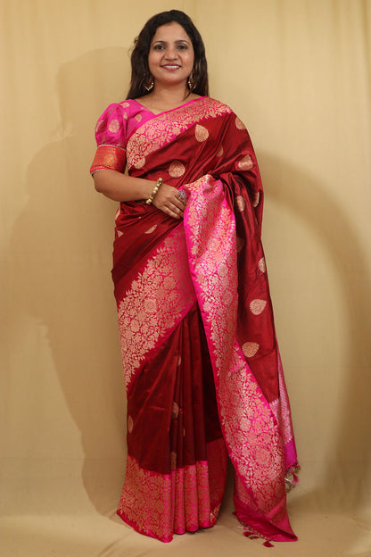 Elegant Maroon Banarasi Handloom Pure Katan Silk Saree - Luxurion World