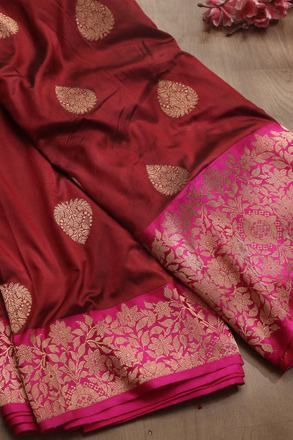 Elegant Maroon Banarasi Handloom Pure Katan Silk Saree - Luxurion World