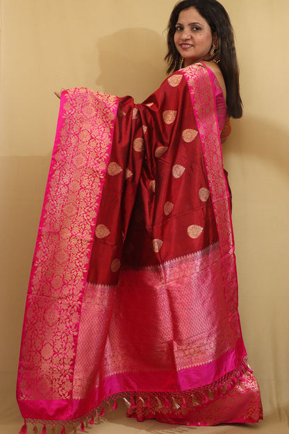 Elegant Maroon Banarasi Handloom Pure Katan Silk Saree - Luxurion World