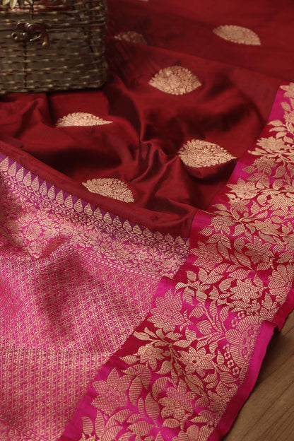 Elegant Maroon Banarasi Handloom Pure Katan Silk Saree - Luxurion World