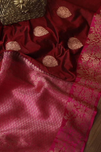 Elegant Maroon Banarasi Handloom Pure Katan Silk Saree - Luxurion World
