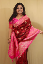 Elegant Maroon Banarasi Handloom Pure Katan Silk Saree - Luxurion World