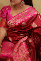 Elegant Maroon Banarasi Handloom Pure Katan Silk Saree - Luxurion World