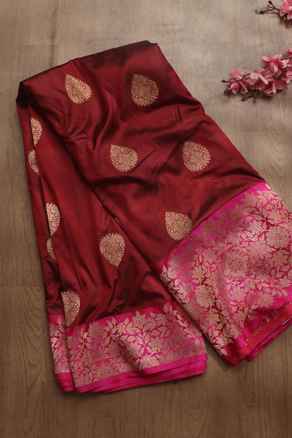 Elegant Maroon Banarasi Handloom Pure Katan Silk Saree - Luxurion World