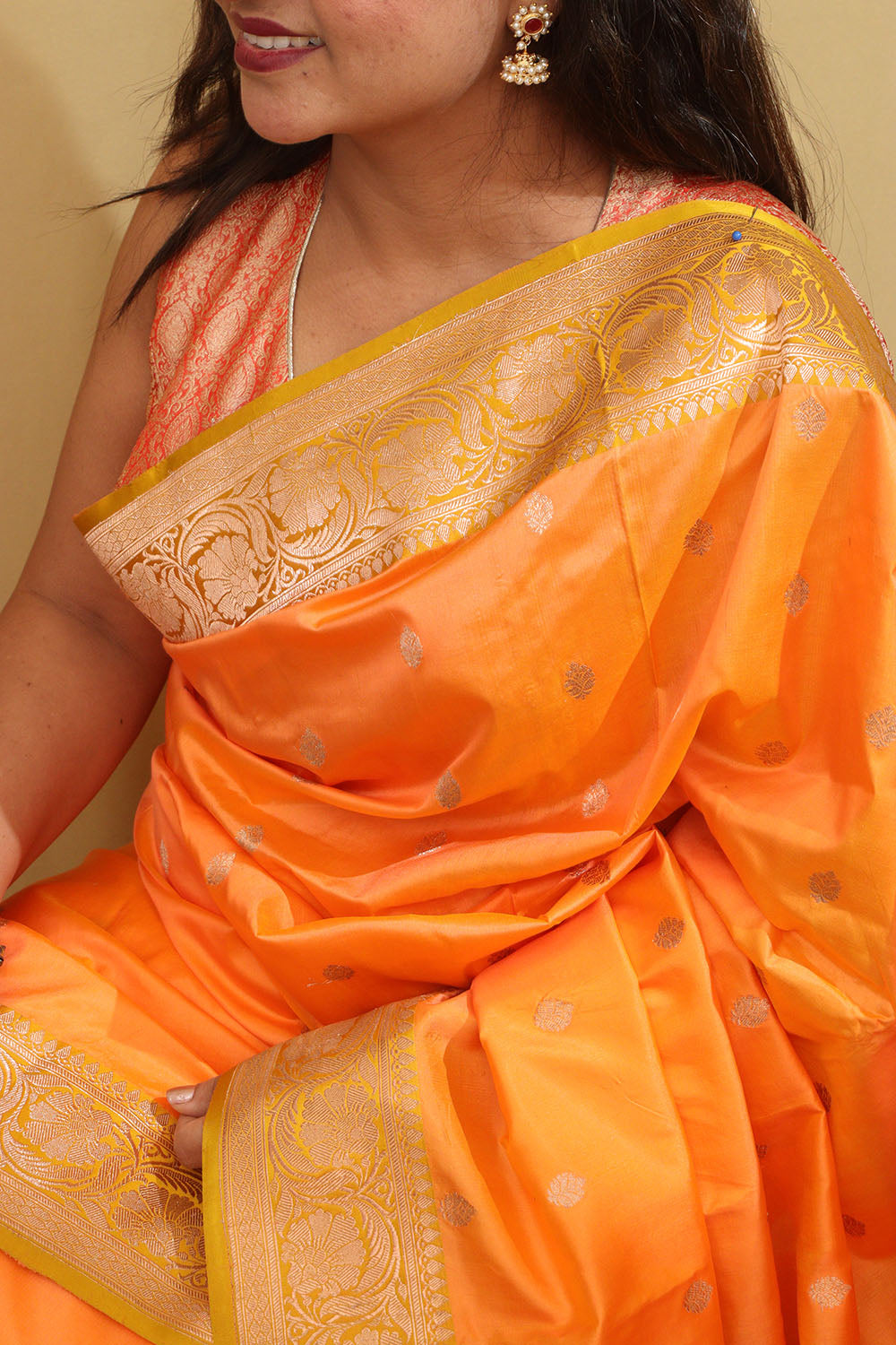 Elegant Orange Banarasi Silk Saree - Handloom Pure Katan - Luxurion World