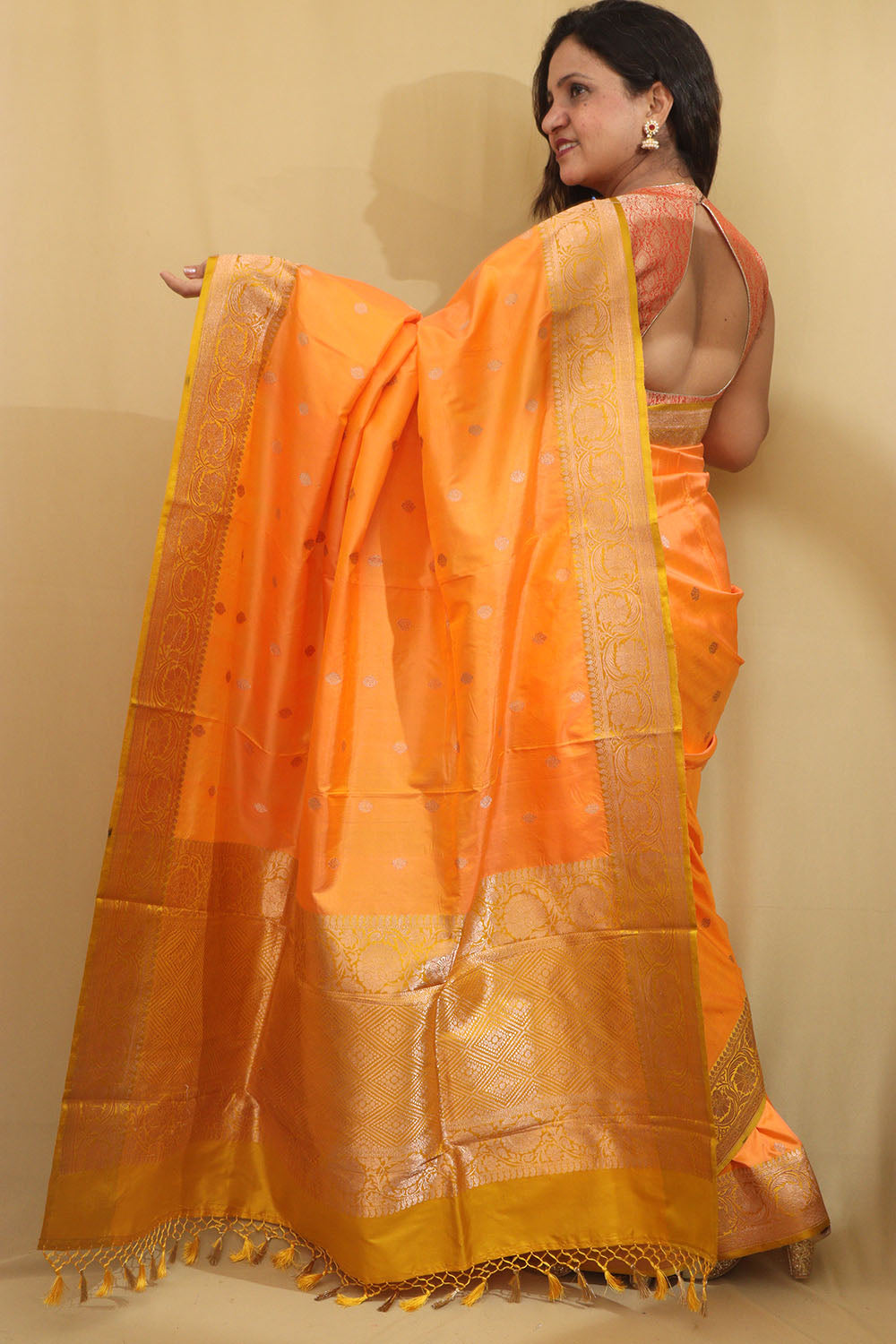 Elegant Orange Banarasi Silk Saree - Handloom Pure Katan - Luxurion World